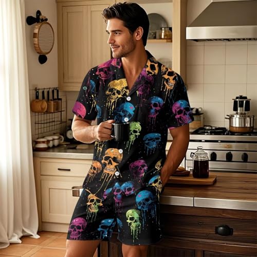 Men's Sleepwear Set Button Down Front Short Sleeve Sleep Shirt and Shorts with Pockets Lightweight Pajama Set3
