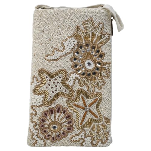 Bamboo Trading BTC Beaded Phone Crossbody Bag, Sea Life Starfish Design, 4x7.5 inches, Ivory and Gold, Adjustable Strap