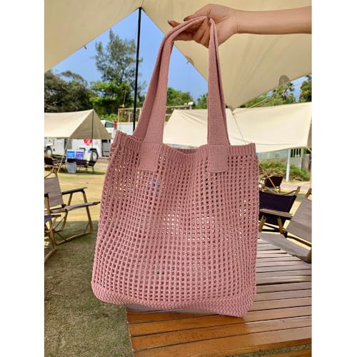 Image of Pink Crochet Tote Bag, Large Woven Beach Bag, Handbag Knit Bag for Women, Summer, All Seasons, 15 x 9.5x 4.3 inches