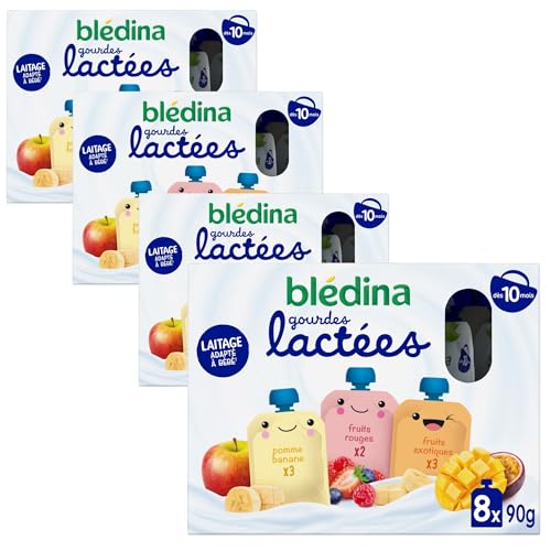 BLÉDINA - Gourdes lactées aux Fruits Bébé - Fruits Rouges/Pomme Banane/Fruits Exotiques - dès 10 Mois - 4 x (8 x 85g)