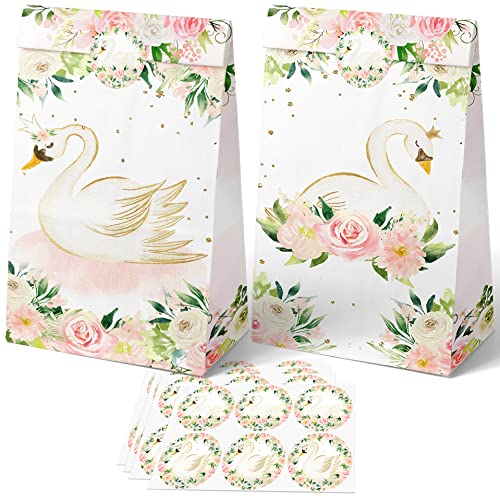 HaPiBiDesign 24 PCS Swan Party Favor Bags With Stickers - Candy and Goodie Gift Treat Bags for Swan Themed Birthday Party Supplies