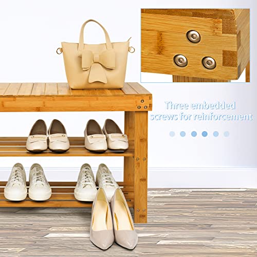 Jmlhmxc Bamboo Shoe Rack Bench, 27.5''L*11''W*11.6''H Extended Edition 3-Tier Shoe Rack For Entryway,Wooden Shoe Shelf Organizer Holds Up To 220 Lbs Ideal For Hallway Bathroom Living Room Mudroom #TOP4