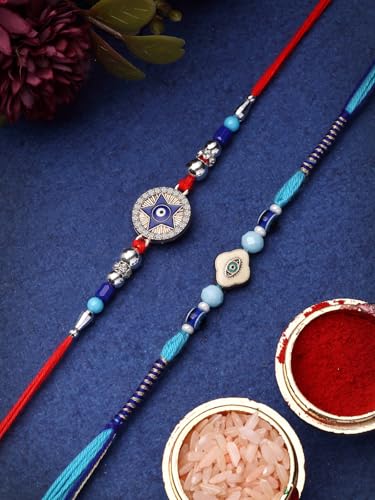 Image of Sukkhi Rakhi Trendy Floral Design Gold Plated AD Stones & Pearls Combo Rakhi for Brother with Roli Chawal & Greeting Card| Set of 2