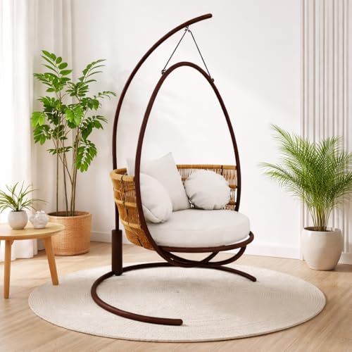 Image of Rope Outdoor 1 Seater Swing Chair with Seat Cushion for Garden Patio Balcony Dining Living Room Framed by Powder Coated Iron