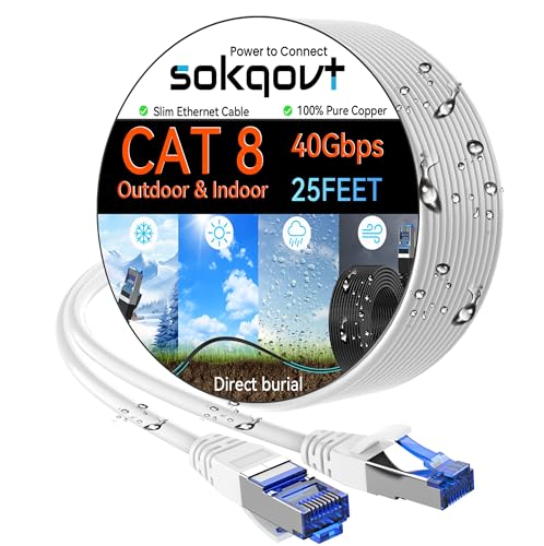 Sokqovt Cat 8 Ethernet Cable Slim 25ft Outdoor Pure Copper Cat8 Internet Cable for Waterproof & Direct Burial Flexible Cat8 Ethernet Cable 40G 2000MHZ Cat 8 Network Cable White