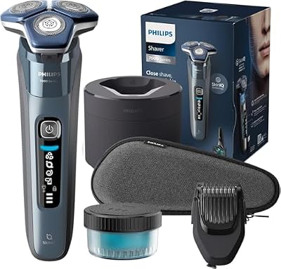 Philips Serie 7000 Afeitadora Eléctrica Hombre, Máquina de Afeitar Barba con Barbero, 45 cuchillas, Para piel sensible, 60min de uso, En Seco y Húmedo, Recargable, Centro de Limpieza, S7882/54, Azul