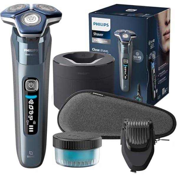 Philips Golarka elektryczna serii 7000 - golenie na mokro i sucho, kolor Ice Blue, prezycyjny trymer zintegrowany z uchwytem, etui podróżne, stacja czyszcząca, podstawka ładująca. Model S7882/54