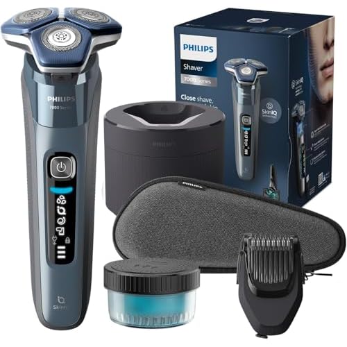 Philips Rasoir Philips Series 7000 - rasoir électrique Wet & Dry bleu glacier avec tondeuse rétractable intégrée, tondeuse à barbe, coffret de voyage, Quick Clean Pod et socle de charge (S7882/54)