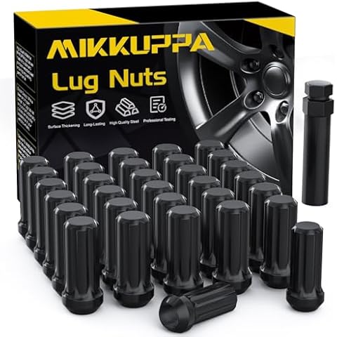 MIKKUPPA M14x1.5 Wheel Lug Nut - Replacement for Chevy Silverado 1500 2500, GMC, Ford, Ram, Aftermarket Wheel - 32pcs Black Closed End Lug Nuts with 1 Socket Key Cover