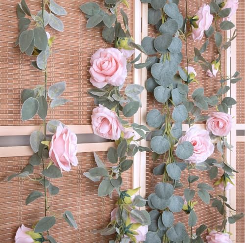 Image of VRB Dec 1 Pcs Flower Vine Garlands Hanging Artificial Flowers for Decoration Roses Garland (6 ft Long) Flowers Silk Roses for Wedding Decorations Diwali /Ganpati /Christmas. (Light Pink),10 cm