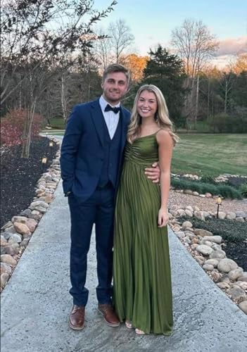 Satin V Neck Bridesmaid Dresses for Women with Pleated Long Spaghetti Straps Prom Dress A Line Formal Evening Gown4