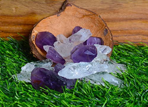 Image of Natural Healing Crystal Gemstones Rough Gemstones Combo: Amethyst And Clear Quartz Stones