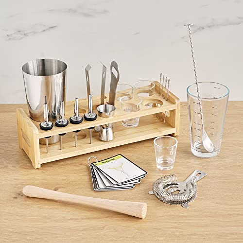 True Ultimate 20 Piece Barware Set With Wooden Stand, Bar Tools, Shot Glasses, Mixing Glass, Craft Perfect Cocktails At Home, Essential Bar Tools, 20-Piece Set, Wood And Stainless Steel #TOP3