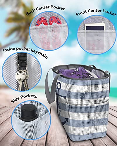 Blue White Striped Beach Tote Bag for Women, Navy Blue Beach Nautical Anchor Ocean Coastal Mesh Beach Bags Waterproof, Outdoor Picnic Swim Pool Handbag - Large Beach Bag with Zipper and Pockets4