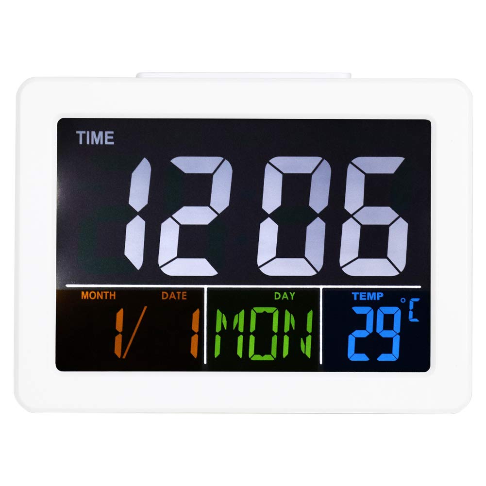 Lyrlody White Digital Day Clock, Large Lcd Digital Alarm Clock With Temperation And Calendar Reminders Silent Desk Clocks Helps With Memory Loss, Alzheimer's And Dementia
