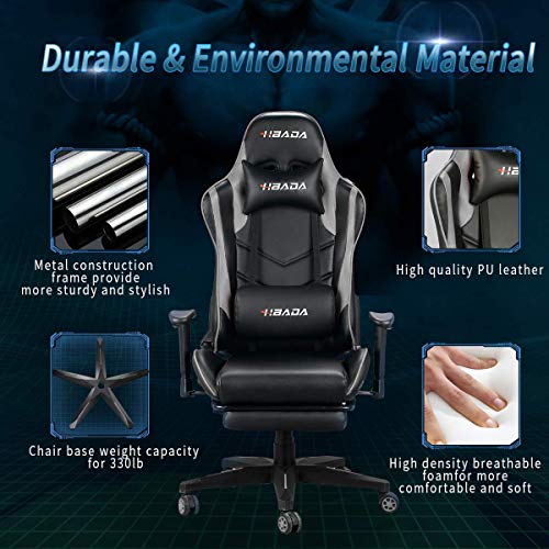 Hbada Gaming Chair Racing Style Ergonomic High Back Computer Chair with Height Adjustment, Headrest and Lumbar Support E-Sports Swivel Chair, Gray with Footrest(1-Year Warranty)