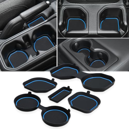 Auovo Auto Cup Holder Inserts Coaster Fit for 2020-2024 Gladiator JT Accessories Center Console Mat Pad Interior Decoration(Blue Trim, 5-pcs kit, for deep Rear Cup Holders)