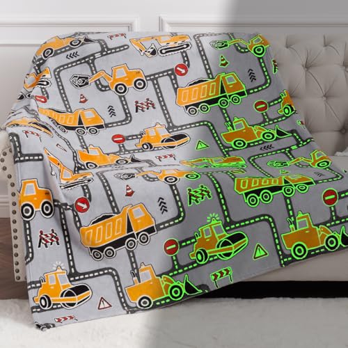Image of Construction Truck Toys Gifts for Boys - Glow in The Dark Excavator Blanket Birthday Valentines Easter Christmas Decor Presents for Kids Age 1-14 Years Old Teens Child Toddler Son Soft Throw 50 inchx60 inch