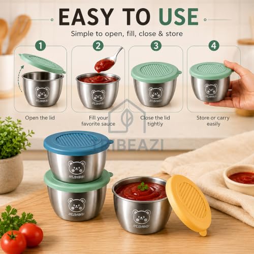 Image of Sauce Container with Lid Set of 2, 304 Stainless Steel Sauce Cups, Leakproof Silicone Lids, Reusable Condiment Cups for Lunch Box, Dips, Chutney, Ketchup, Snacks, Baby Food Storage (2 PCS)