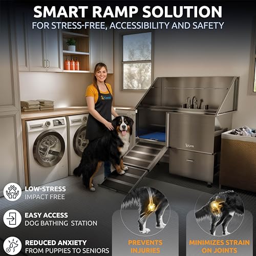 Image of KANIS Professional Dog Washing Station 304 Stainless Steel Pet Wash Sink & Grooming Bathtub w /Shower, Floor Grates and Storage for Large, Medium & Small Pets (Silver, 50 Inches, Left Ramp, 1 Drawer)