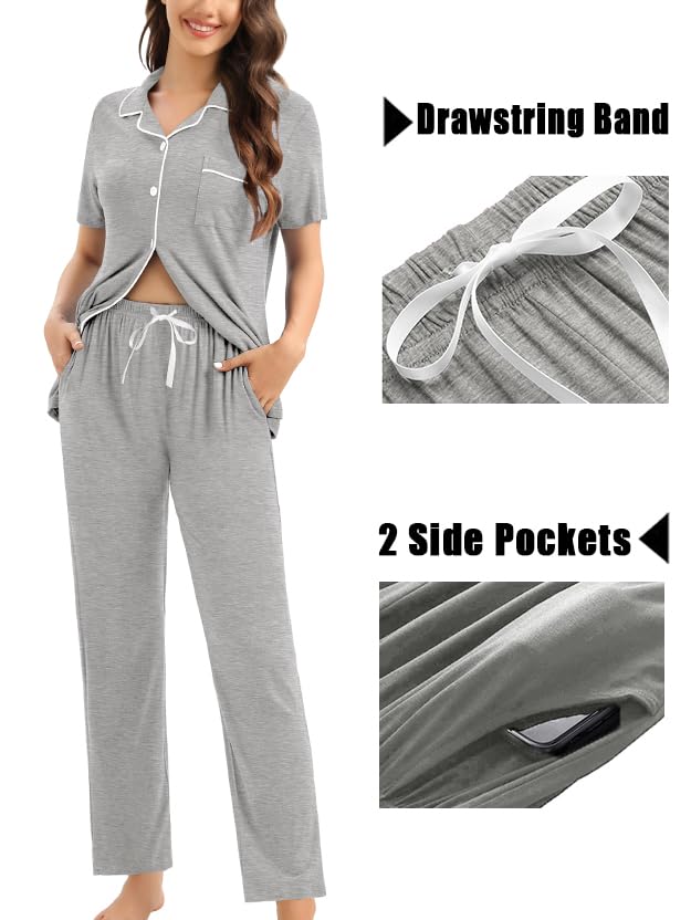 Image of SWOMOG Womens 3pcs Button Down Pajamas Set Short Sleeve Sleepwear Bride Pj Lounge Set with Long Pants