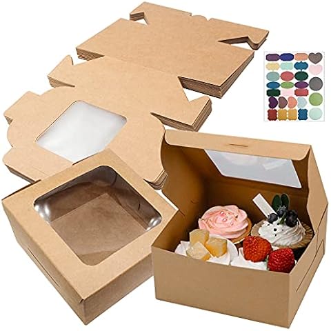 Bakery Boxes Mini Cake Boxes Pie Boxes 4in Brown Kraft Box with PVC Window and 24pcs Sticker Bakery Pastry Boxes for Food,Cookie,Bread,Candy,Pie Slice Gifts Packaging Box with Clear Display Window Cover