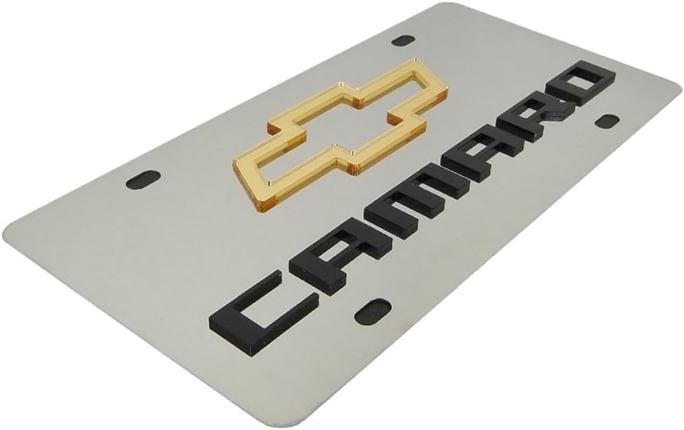 Eurosport Daytona, Inc. Laser-Cut Gold Bowtie Logo & Name On Polished License Plate for Chevy Camaro (Chrome)