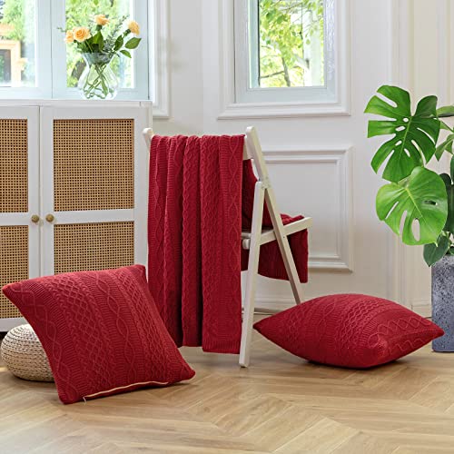 Aormenzy 3 Pieces Red Throw Blanket Set, Decorative Cable Throw Blanket With 2 Throw Pillow Covers 18 X 18 Inch For Sofa Couch Bed, Red Knit Throw Blanket 50 X 60 Inch #TOP2