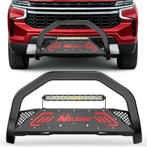 Image of Nilight Bull Bar with Light fits 2021-2024 Chevy Tahoe /Suburban(Excl. High Country Trim Front Bumper Grille Brush Push Guard with Skid Plate Licence Plate Hole Black