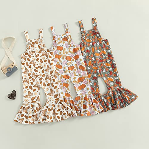 Toddler Baby Girl Floral Jumpsuits Kids Halloween Pumpkin Flower Strap One Piece Overall Romper Flare Pants Clothes (Butterfly,12-18 Months) #TOP5