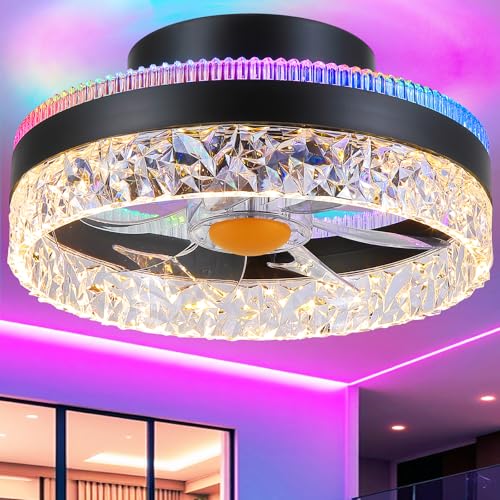 Image of Mpayel 13 inch Low Profile Ceiling Fan with RGB Light - Modern Bladeless Flush Mount Ceiling Fan with Remote, Quiet DC Motor, 6 Speeds, 3CCT Dimmable LED Light for Kids Room, Bedroom & Bunk Beds