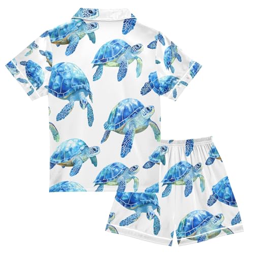 senya Big Turtle Blue P Satin Summer Pajama Sets Silk Short Sleeve Button Down Sleepwear2