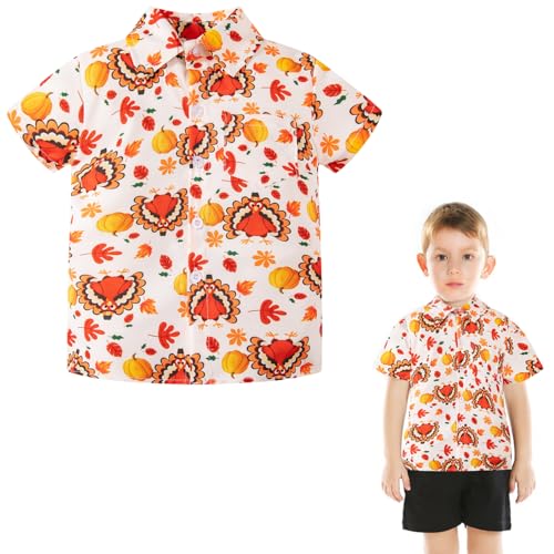 Okbebe Toddler Baby Boy Thanksgiving Turkey Button Down Short Sleeve Shirt Kids Hawaiian Holiday Shirt (5T, Brown)