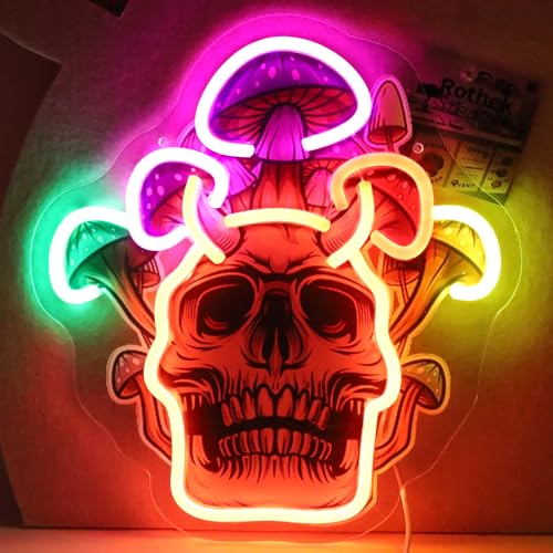 Image of Mushroom Skull Neon Sign For Wall Decor, Colorful UV Printed Neon Light with Retro Design, LED Artwork for Bar, Bedroom, Game Room, Party Decoration Holiday Birthday Gifts