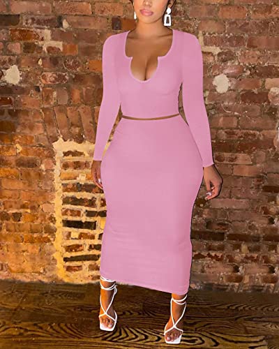 Image of Women Sexy Two Piece Skirt Outfits Long Sleeve /Sleeveless V Neck Bodycon Ribbed Knitted Maxi Club Party Dress