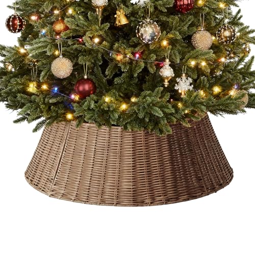Sweetcrispy Christmas Tree Collar, Wicker Tree Collar for 6-9ft Trees, 4-Piece Wicker Base Cover, Handwoven & Durable for Holiday Decor, Decorative, Brown