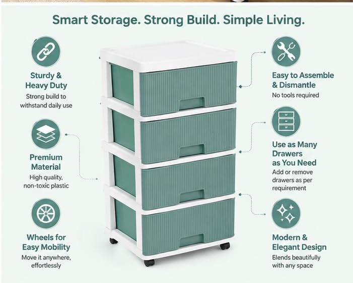 Image of Chest of Modular Drawers- use as many drawers required, Smart storage & Strong built, Easy to assemble, wheels for mobility, sturdy for daily use (Green linear-4)