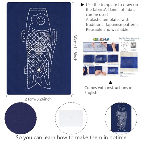 Image of FREEBLOSS DIY Sashiko Placemats Kit Sashiko Embroidery Kit Carp Flag Pattern Placemats Hand Sewing Kit with Instructions Sashiko Kit for Beginners Practice