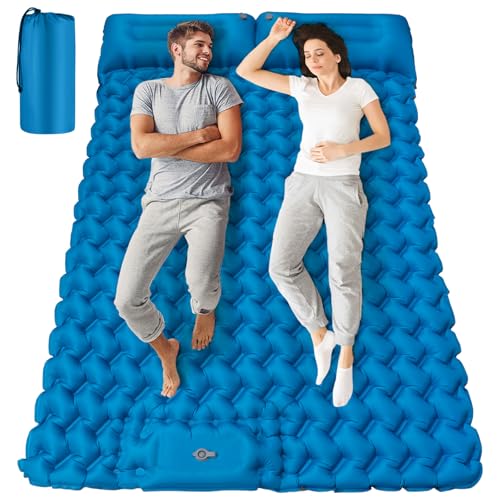 Seektain Inflating Sleeping Pad Mattress for Camping: Inflatable Camping Bed with Built-in Foot Pump for Tent - 4' Extra Thick Mat Air Cot for Floor - 2 Person Blue