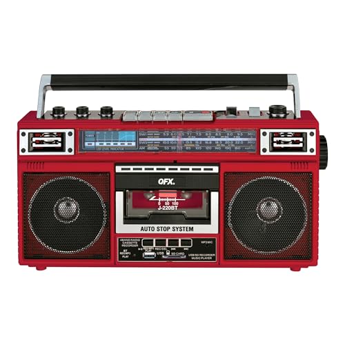 QFX J-220BT Red Boombox MP3 Conversion from Radio to Cassette with 4-Band (AM, FM, SW1, SW2) Radio with Bluetooth, Dual 3” Speakers, Built-in Microphone, Recorder, and a 3-Band Equalizer