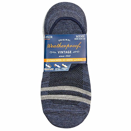 Cushioned Men's No Show Socks Non Slip Liners 6 Pair by Weatherproof Size 6-12, Black / Blue4