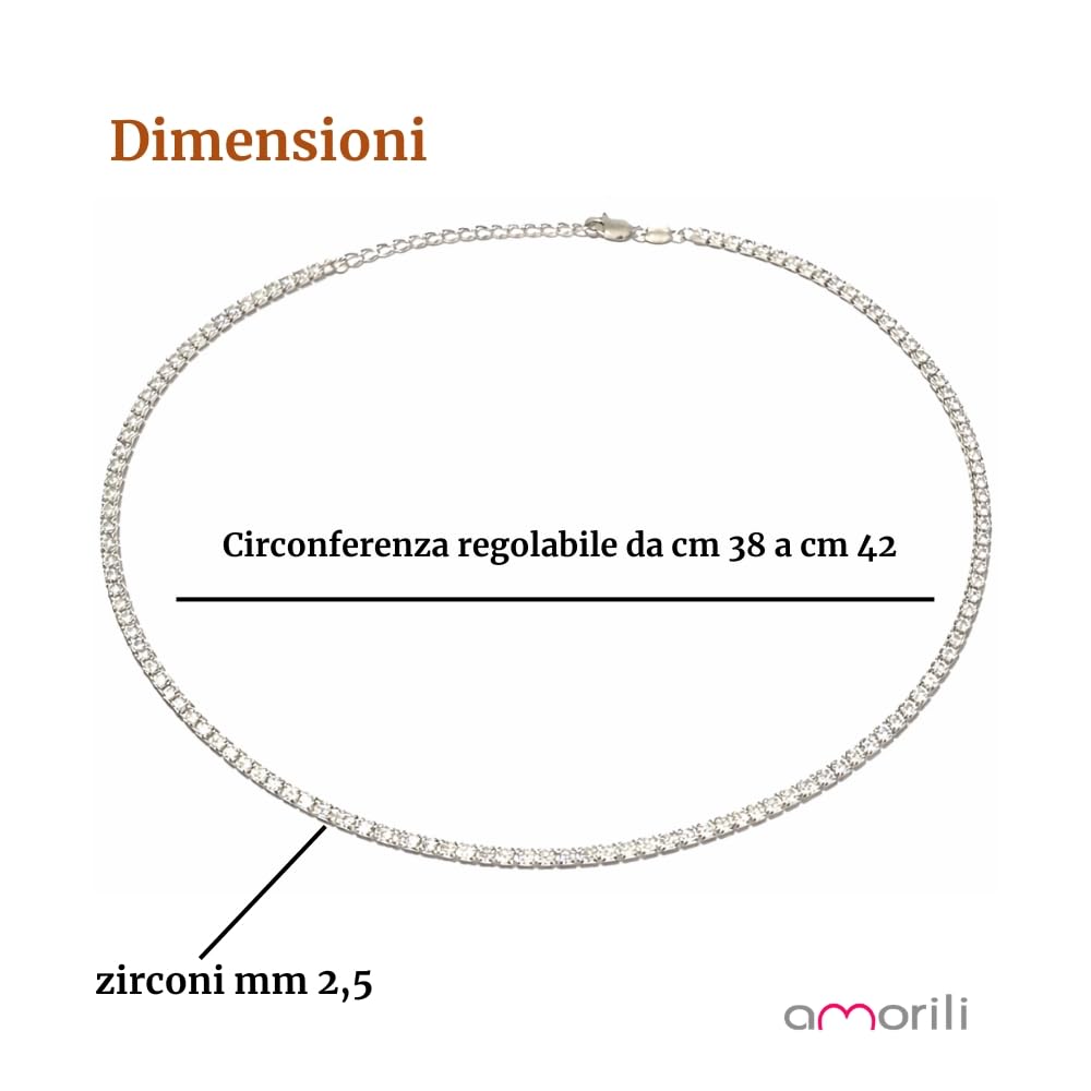 Collana Tennis Girocollo Argento 925 con Zirconi 2,5 mm Rodiata | Collana Donna Regolabile 38-42 cm | Punto Luce Elegante Brillante | Gioiello Sposa Cerimonia Regalo Donna