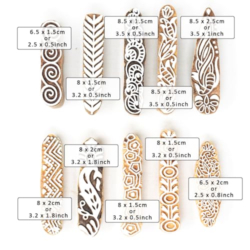 Image of Hashcart Wooden Indian Traditional Design Printing Stamps / Blocks for Printing Saree Border / Dresses / Craft Card Making / Scrapbook / Clay Pottery (Set of 10)