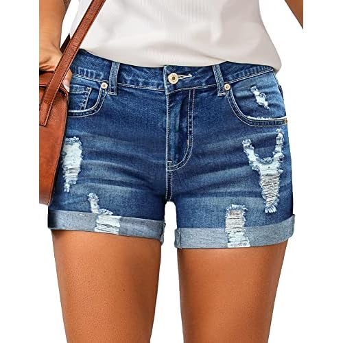 LookbookStore Women’s High Waisted Rolled Hem Distressed Jeans Ripped Denim Shorts