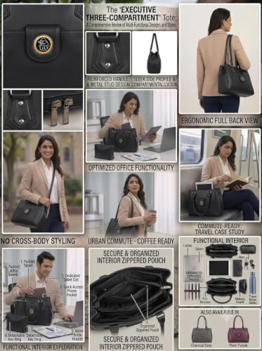 Image of Women's PU Leather Shoulder Handbag | Spacious 3 Compartment Tote Purse with Zip Closure & Multiple Pockets | Top Handle Office College Travel Handbag | 30 x 25 x 12 cm