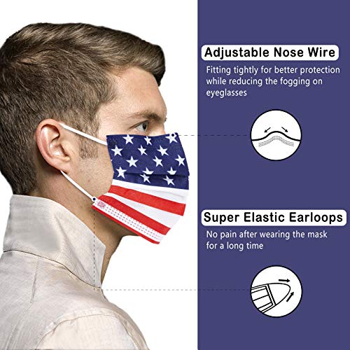 Image of Borje Disposable Face Masks with Designs Patriotic Cute Face Mask 3 Ply USA Flag Print 50 Pcs