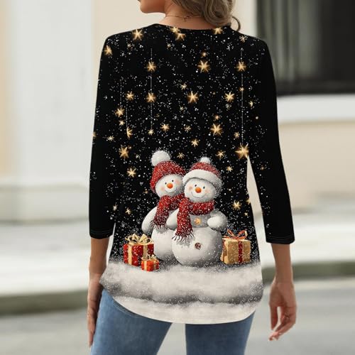 Image of Women Christmas Shirt 3 /4 Length Sleeve Henley Tops Xmas Outfits