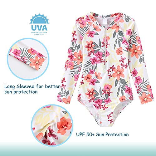 Image of Girls One Piece Swimsuits Long Sleeve Rash Guard for Kids Girls Hawaiian Swim Shirts UPF 50+ Sun Protection