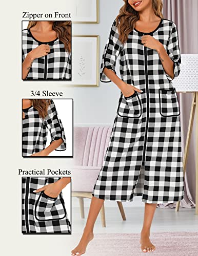 Image of Veseacky Women Robe Zipper Front House Coat 3 /4 Sleeve Nightgown Full Length Ladies Lounge Dress with Pockets S-XXL