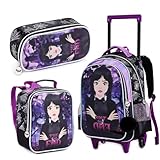 Kit Mochila Rodinha Lancheira E Estojo Infantil Menina Wandinha Vandinha Resistente Reforçada